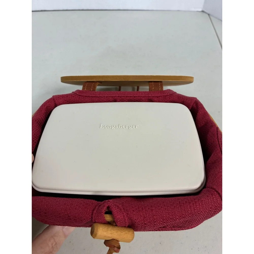 Longaberger Woven Wood Basket Burgundy Liner Wood Lid Divided Protector‎ Set